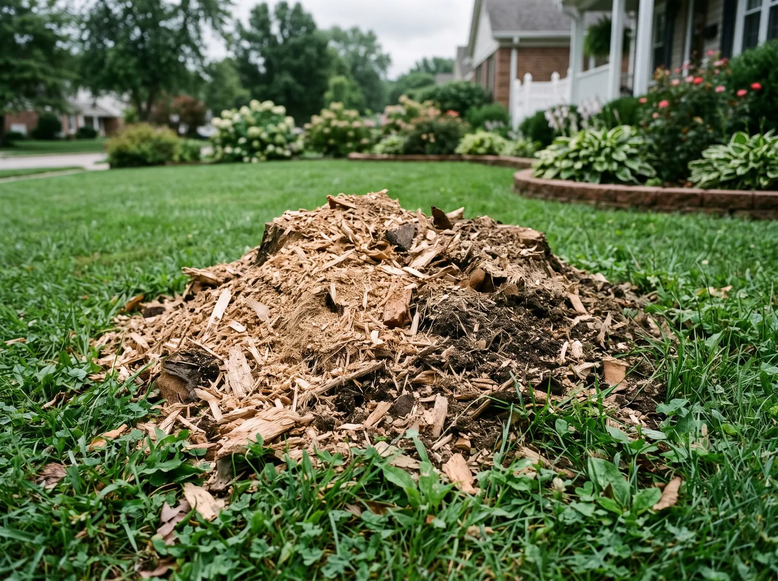 Mound of fresh wood chips and soil where a stump was ground below the lawn