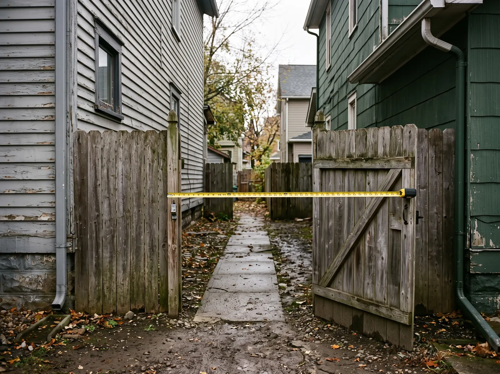Tape measure stretched across a narrow side-yard gate between two houses