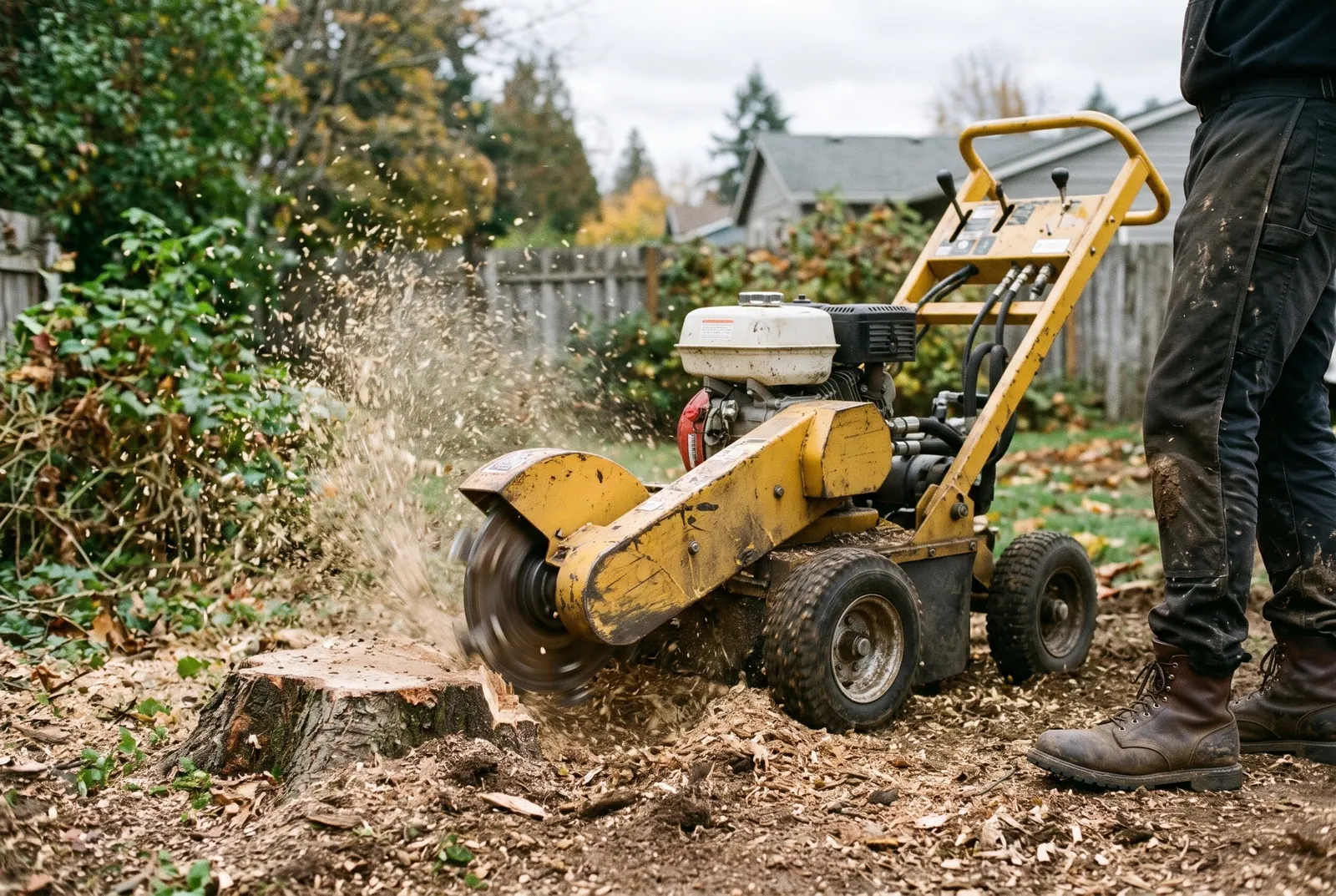 Compact walk-behind stump grinder chewing a stump down, wood chips flying