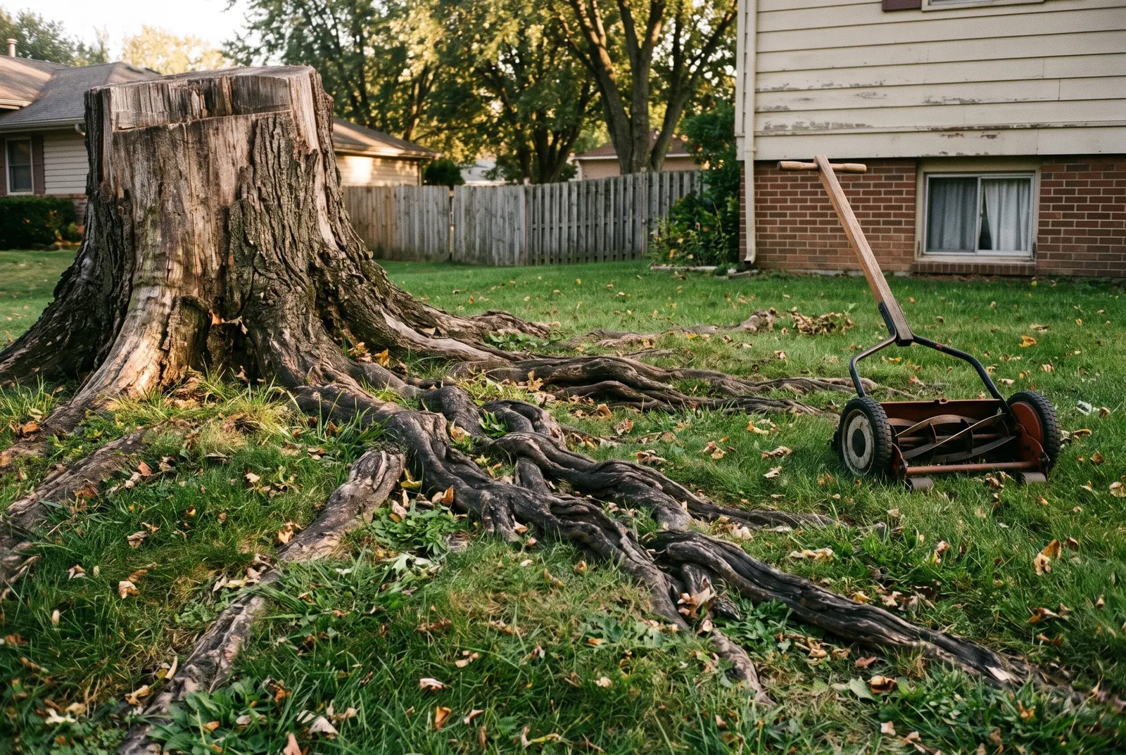 Thick surface roots spreading across a lawn from an old stump, a push mower beside them