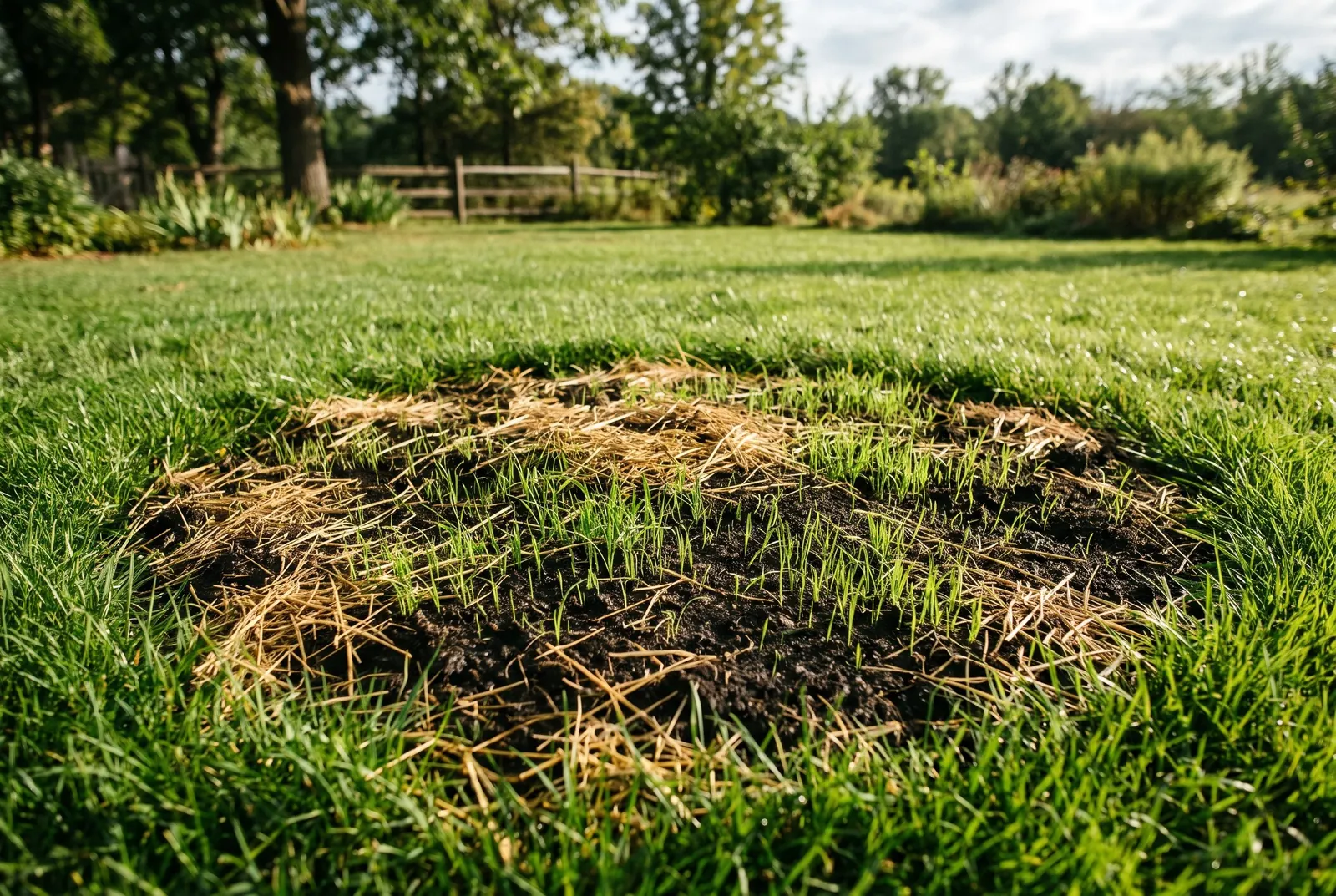 Filled patch of topsoil under light straw with new grass sprouting