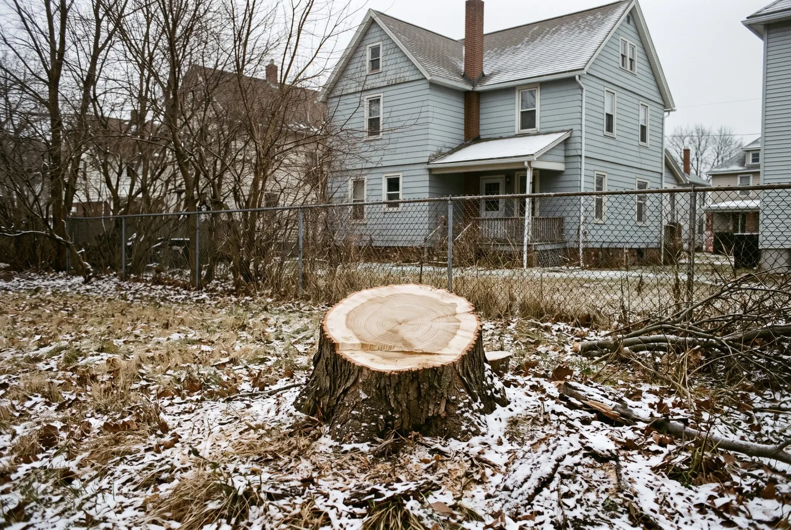 Freshly cut tree stump in a Buffalo backyard with a light dusting of snow