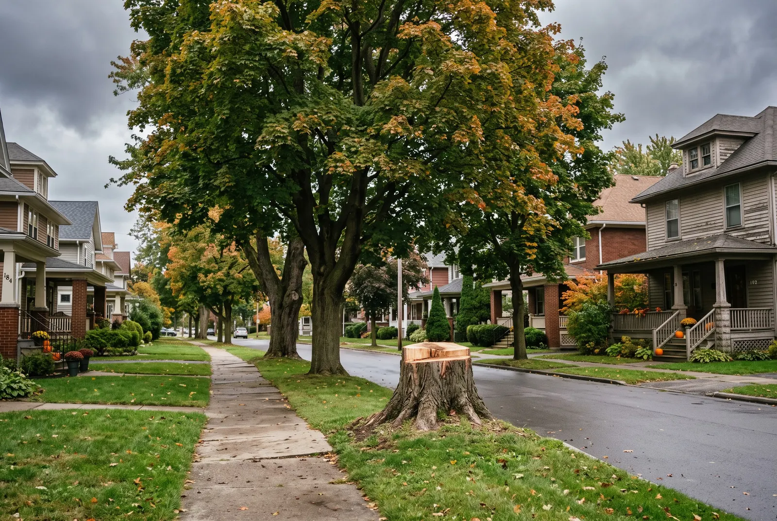 Cut stump in the grass strip between sidewalk and curb on a tree-lined street